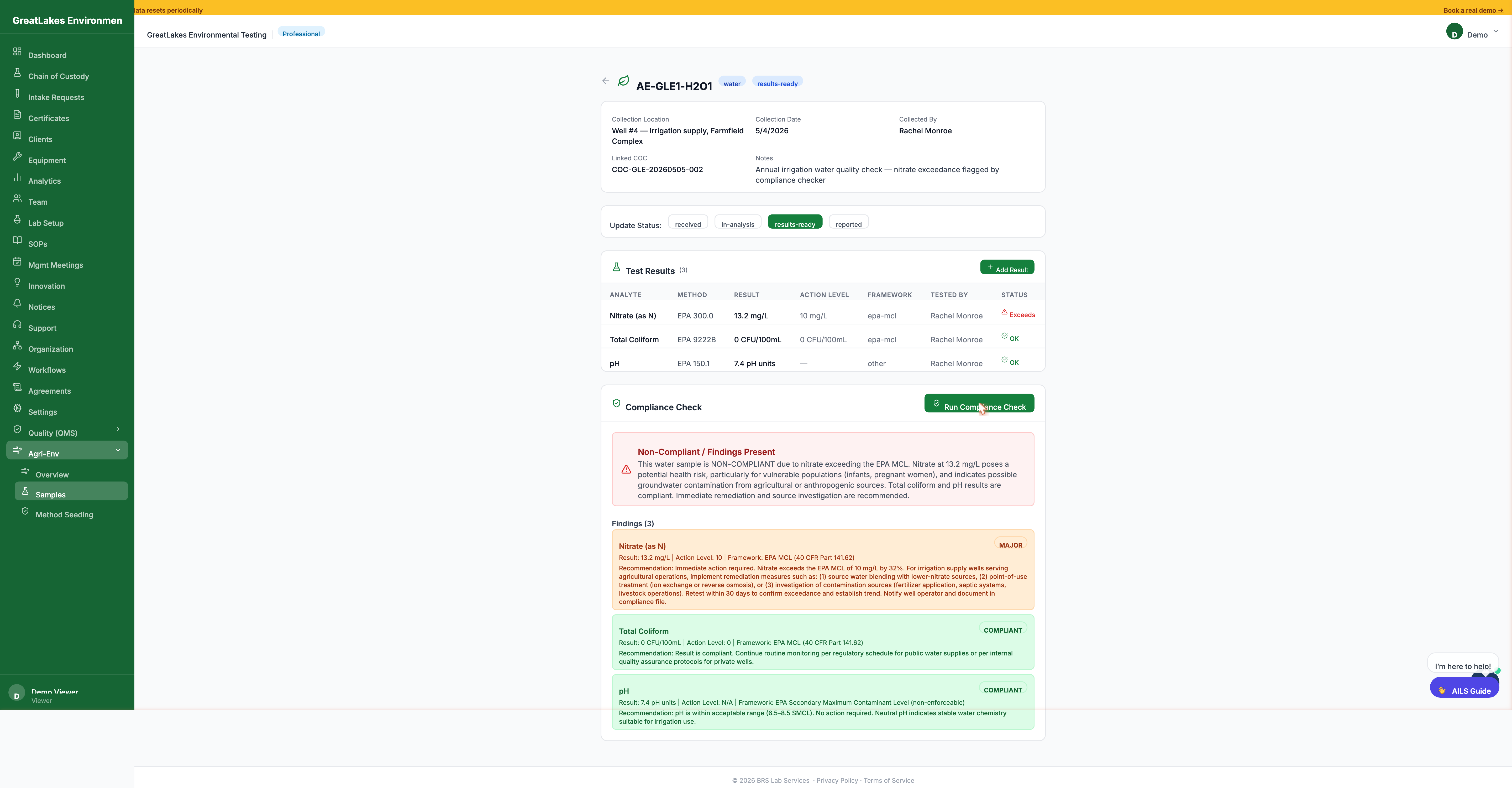 AI compliance checker flagging nitrate exceedance vs EPA MCL