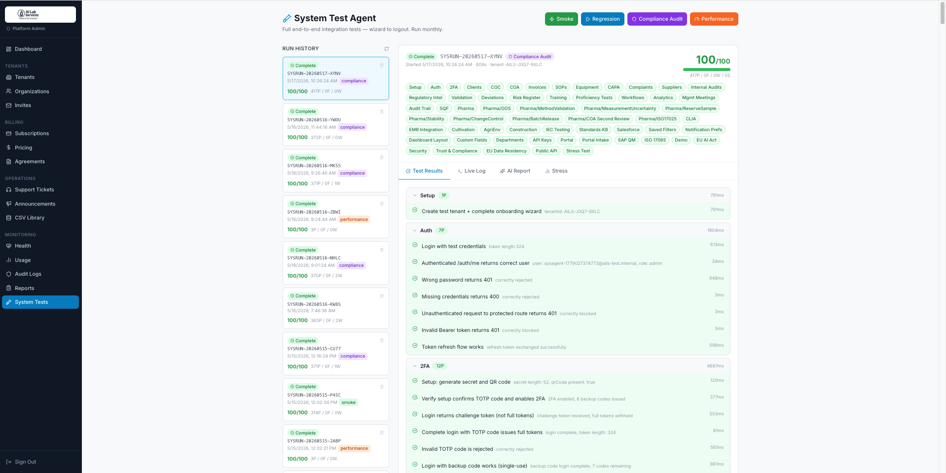 System Test Agent — 341 passing, 0 failures, 100/100 health score, May 2026