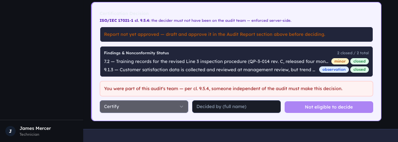 Panel stating an auditor is not eligible to decide under ISO/IEC 17021-1 clause 9.5.4