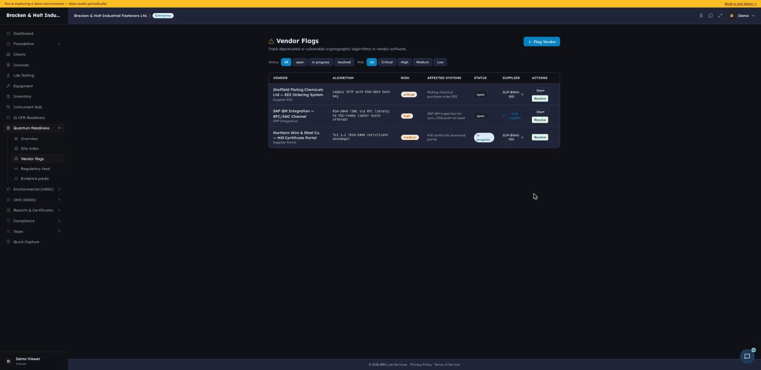 Vendor flags list showing suppliers with encryption at risk