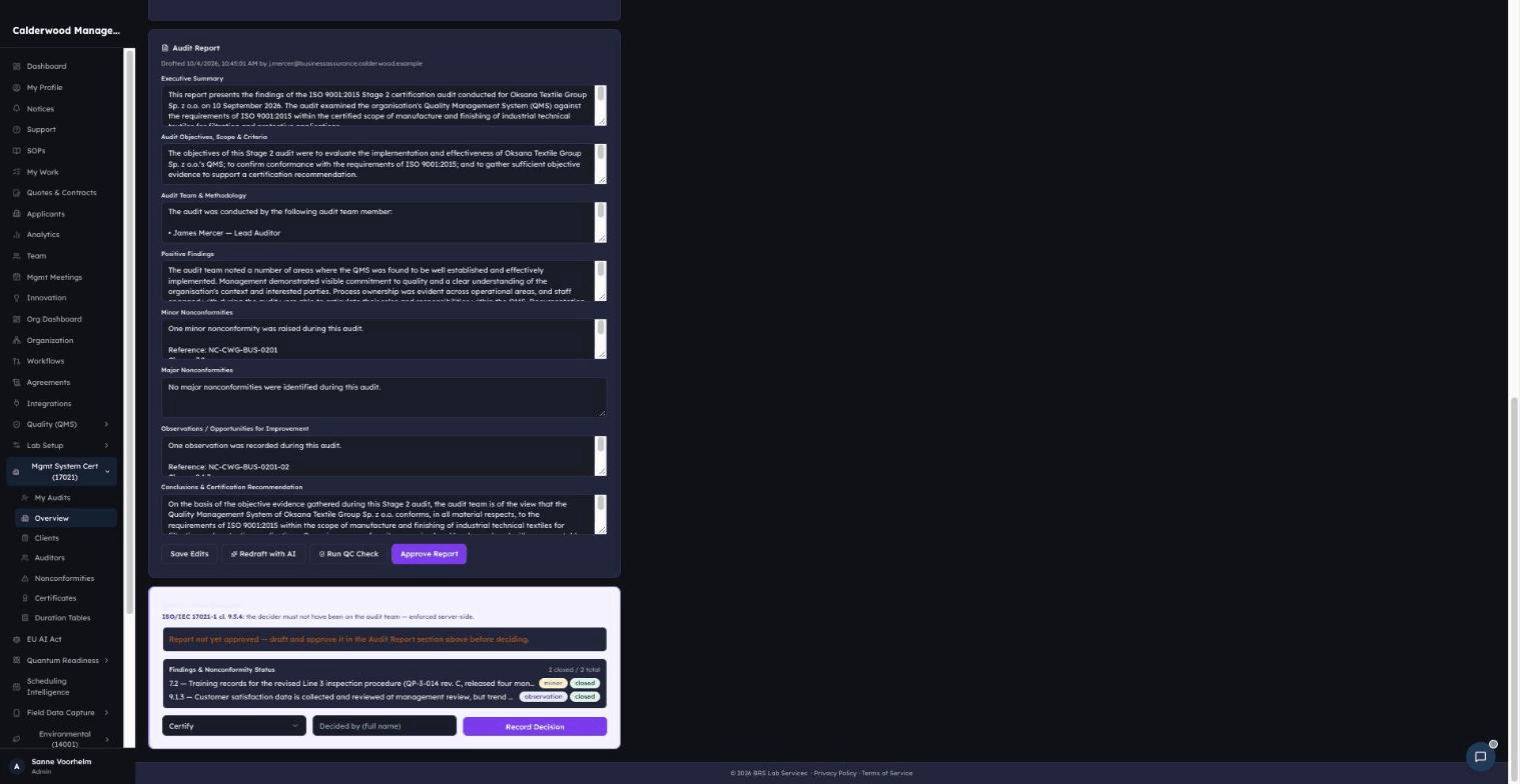 AILS Scribe showing an AI-drafted audit report built from recorded findings, waiting for review